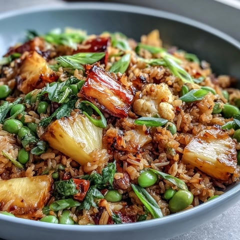 Vibrant vegan pineapple fried rice with cauliflower and edamame, featuring colorful vegetables and juicy pineapple chunks in a savory Asian-inspired sauce.  