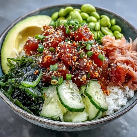 Spicy tuna poke bowl with marinated tuna, avocado, cucumber, and sushi rice, garnished with sesame seeds and seaweed.