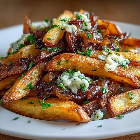 Crispy steak fries drizzled with rich onion and garlic butter for a savory side dish.