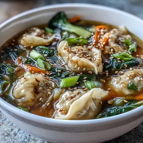 A steaming bowl of Trader Joes Dumpling Soup with tender dumplings and vibrant bok choy in savory broth.