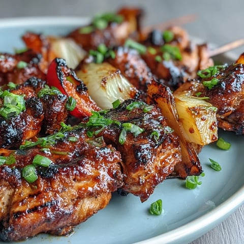 Juicy jerk chicken skewers with sweet pineapple and colorful bell peppers, grilled to smoky perfection and served with lime wedges.