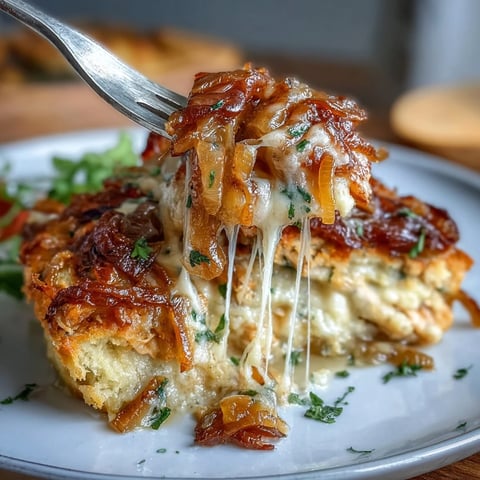 French Onion Chicken Bake with Melted Gruyere: golden chicken breasts baked with sweet caramelized onions and bubbling Gruyere cheese in a savory skillet.