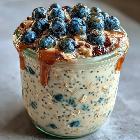 1. Creamy overnight oats with chia seeds and blueberries in glass jars, perfect for easy meal prep breakfasts.