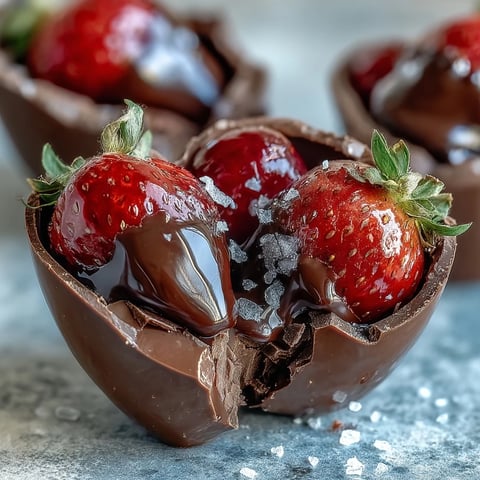 A beautifully crafted chocolate heart filled with fresh strawberries, ready to be broken open for a romantic surprise.