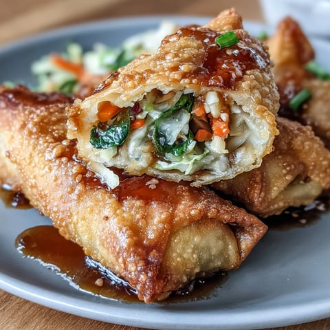 Crispy air fryer vegetable egg rolls with soy ginger glaze, golden and crunchy, served with a tangy dipping sauce.  