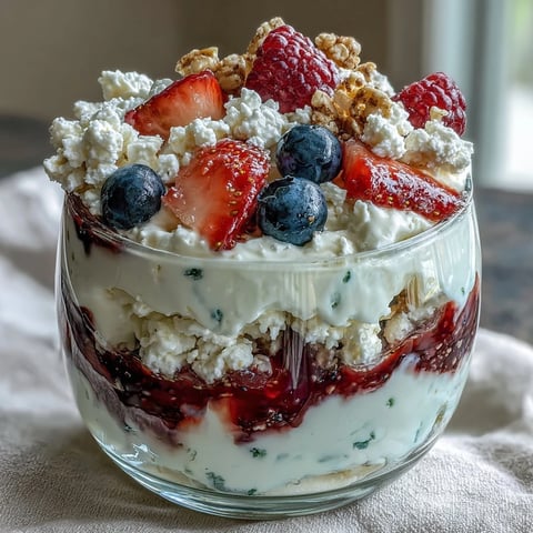 A creamy, protein-packed cottage cheese berry parfait with fresh strawberries, blueberries, and crunchy granola for a healthy breakfast.