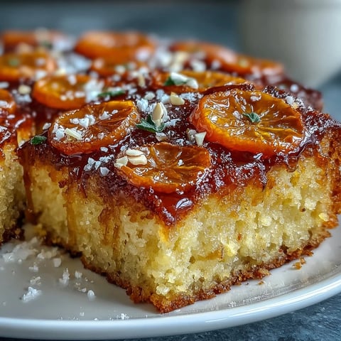 Candied orange slices glisten atop a moist olive oil cake made with almond flour, offering a fragrant Mediterranean dessert.