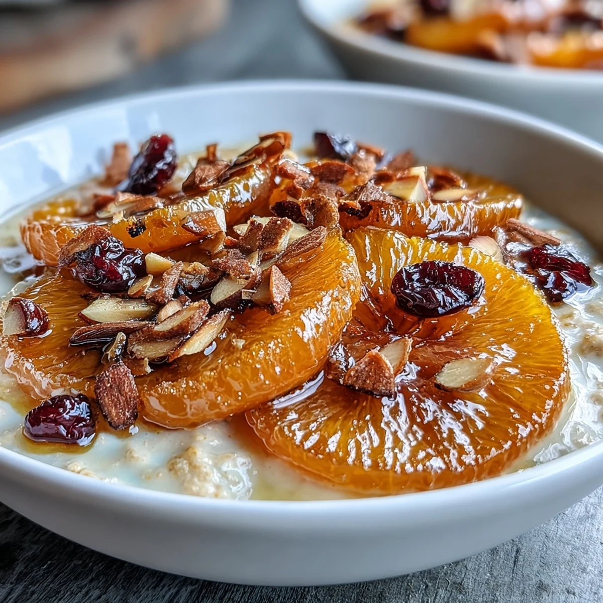 Creamy oatmeal topped with candied orange slices, tart cranberries, and crunchy toasted almonds for a cozy breakfast.