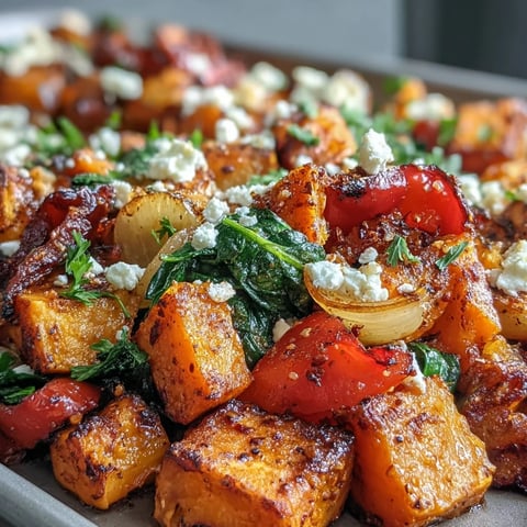 Sweet potato and orange sheet pan breakfast hash with roasted vegetables and fresh spinach.  