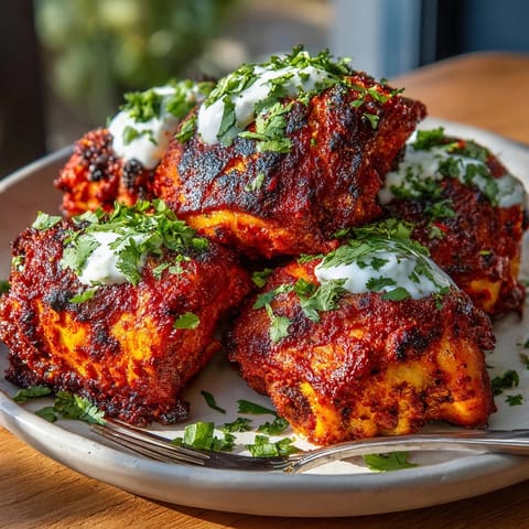 A close-up shows tender, spicy Harissa chicken thighs alongside cool cumin yogurt, perfect for dinner tonight.