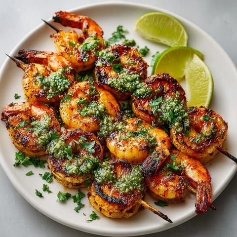 Vibrant Chili Lime Grilled Shrimp, lightly charred from the grill and served with creamy cilantro sauce.