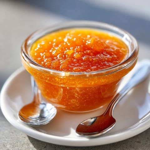 Close-up of a beautifully blended Mango and Serrano Hot Sauce, ready to elevate your meals with flavor.