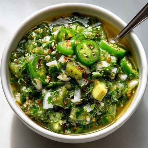 Vibrant close-up of Fresh Jalapeño-Cilantro Salsa Verde, showing chunky texture with lime wedges.