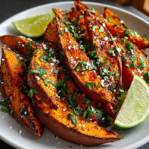 Spicy and savory: a close-up shows just-baked Chili-Spiced Roasted Sweet Potato Wedges, ideal as a side.