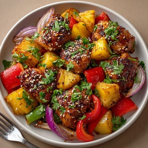 Vibrant Hawaiian Sheet Pan Chicken dinner: tender chicken, pineapple, and peppers roasted to perfection on a sheet.