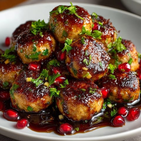 Close-up of juicy pomegranate glazed turkey meatballs garnished with vibrant parsley and ruby pomegranate seeds.