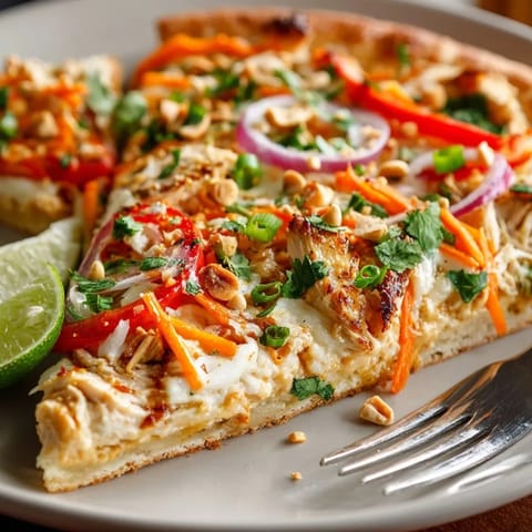 Close-up of Thai Peanut Chicken Pizza featuring golden crust and vibrant, crunchy toppings on a slice