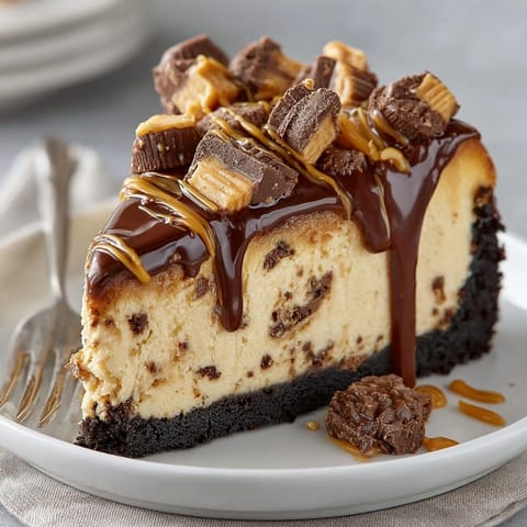 A decadent slice of Peanut Butter Cup Cheesecake on a dessert plate, rich layers showcased.