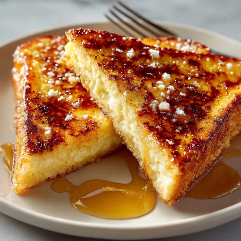 Close-up of custardy overnight Cr&egrave;me Br&ucirc;l&eacute;e French Toast with a crackly sugar crust and maple syrup drizzle.