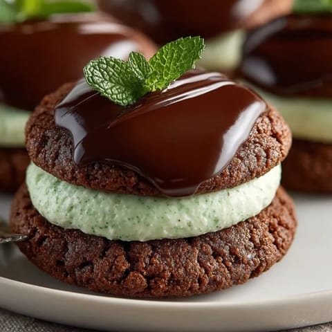 Freshly baked Chocolate Mint Cookies cooling on parchment, topped with creamy mint and glossy chocolate.