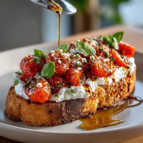 Close-up of Viral Tomato Ice Toast, basil leaves and colorful tomato crystals glistening.