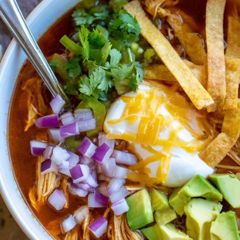 Close-up shot of vibrant Tortilla Soup, showcasing shredded chicken and colorful toppings.