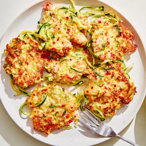 Close-up of crispy Shrimp & Ricotta Zoodle Fritters, garnished with fresh parsley, plated and ready.