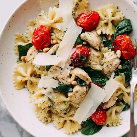 Delicious pesto chicken bowtie pasta served with vibrant cherry tomatoes and spinach.  