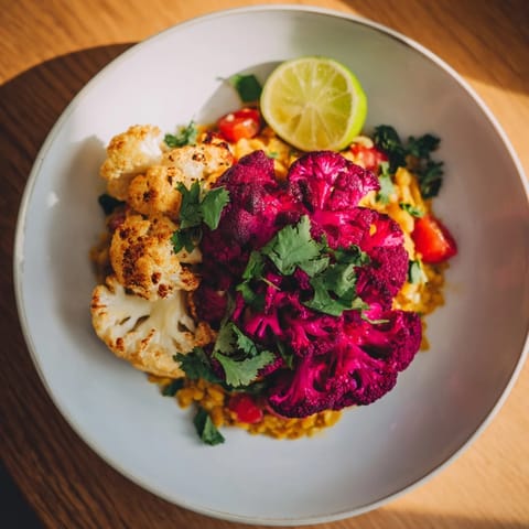 Fragrant red cabbage, cauliflower & coconut dhal with fresh cilantro; ready for a cozy dinner.