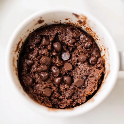 A close-up of a perfectly cooked chocolate microwaved mug cake, showing rich texture and moist crumbs.