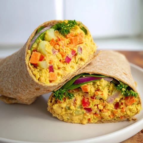 Close-up of a perfectly rolled chickpea salad wrap, filled with colorful ingredients for a healthy lunch.