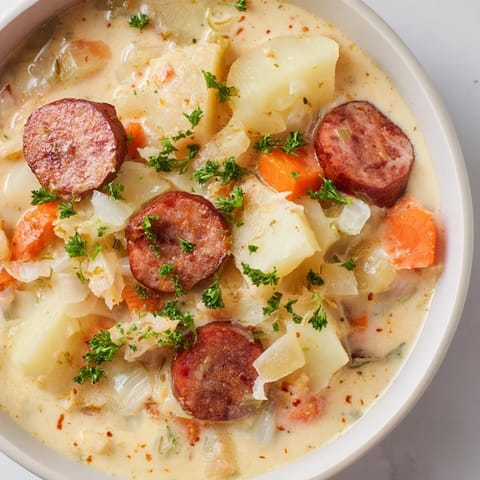 Close-up of a rustic bowl filled with creamy, spicy Creamy Chorizo Potato Soup, a comforting dish.
