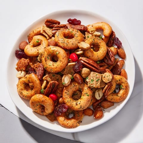 Close-up of toasted air fryer bagel chip Christmas mix with pretzels, nuts, and colorful candies.