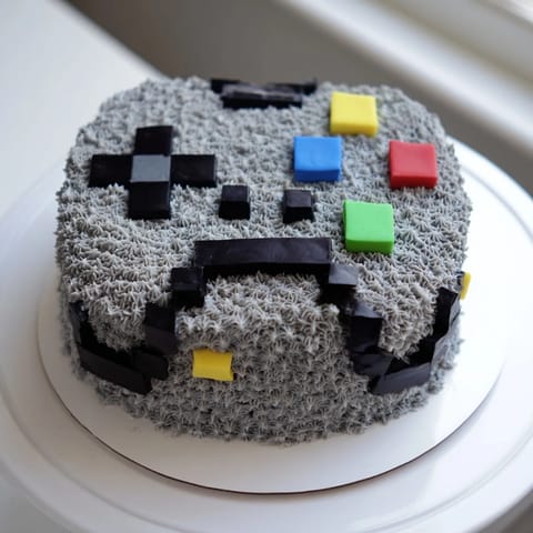 A visually striking Pixel Video Game Controller Cake, ideal for a gamer, features precisely designed pixelated buttons.
