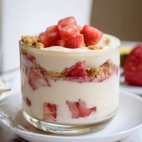 Creamy layered Strawberry Cheesecake Parfait with fresh strawberries, ready for a delicious dessert.