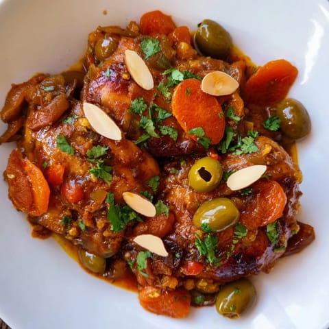 A steaming bowl of Moroccan Tagine Chicken, garnished with fresh cilantro and toasted almonds.