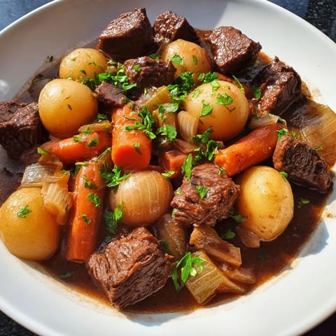 This warm bowl of Irish Beef Stew shows tender, slow-cooked beef and potatoes, ready to be enjoyed.