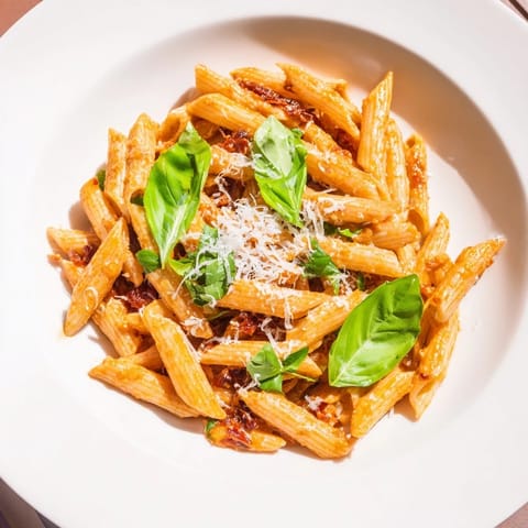 A bowl of flavorful sun-dried tomato pesto pasta, ready to enjoy with fresh basil.