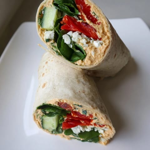 Two freshly sliced Mediterranean Veggie Wraps showing feta and colorful veggies on a rustic board.