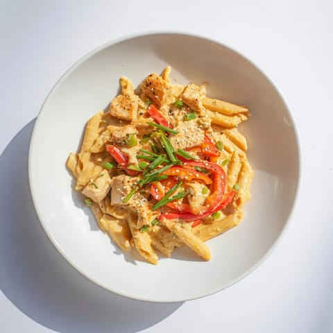 Tossed sweet chili chicken pasta garnished with fresh green onions, cilantro, and sesame seeds, served steaming on a plate.