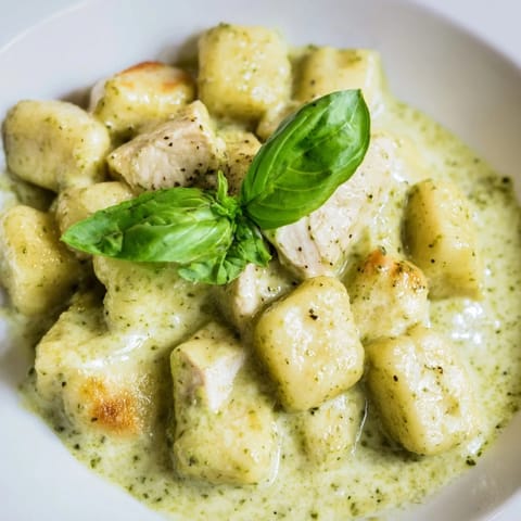 A close-up of Creamy Pesto Gnocchi with Chicken highlights glossy green pesto sauce clinging to tender dumplings and seared chicken pieces.  