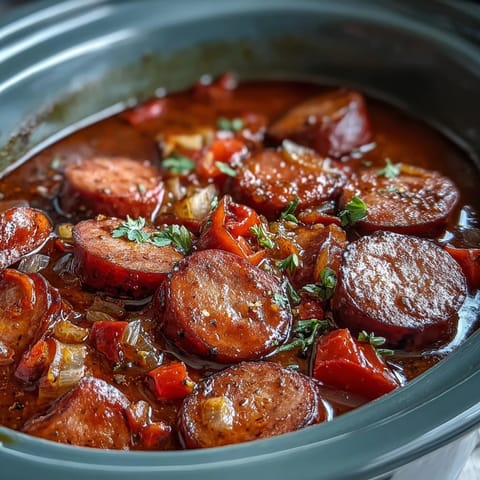 Thick and hearty Crock Pot BBQ Cocktail Sausage Soup in a crockpot insert, surrounded by fresh ingredients on a counter.