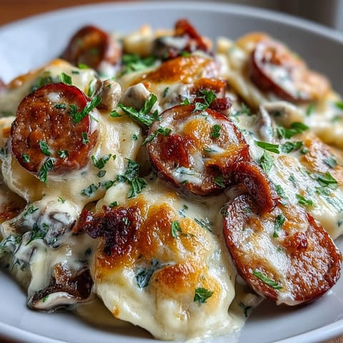 Layers of potato pierogi and sliced kielbasa bake in creamy sauce inside a slow cooker.