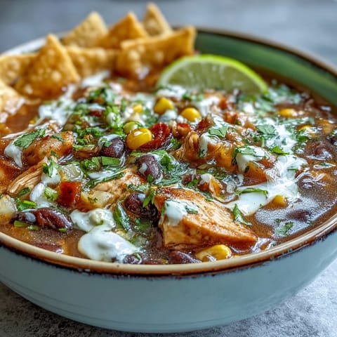 Instant Pot Chicken Tortilla Soup simmering with beans, corn, and shredded chicken for a comforting bowl.