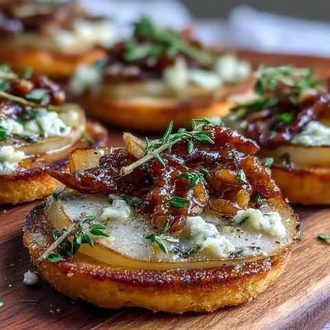 Golden-baked Pear, Gorgonzola, and Pickled Walnut Pizzettes arranged on a rustic board.