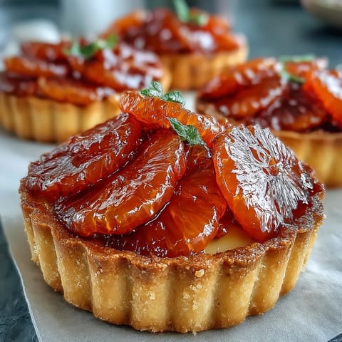 Golden-baked Blood Orange Tarts with silky vanilla custard and glossy, jewel-toned citrus slices on a white plate.