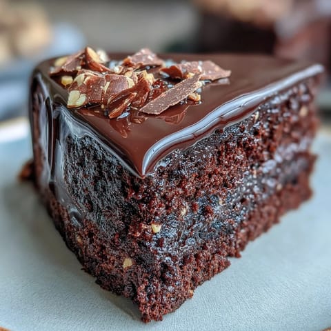 Glistening Chocolate Celebration Cake slice reveals moist crumb and glossy ganache, finished with crunchy hazelnut praline shards for a decadent dessert.