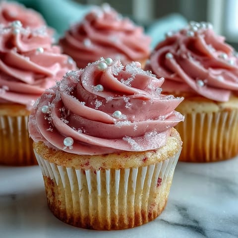 Moist, blush-pink Velvet Cupcakes topped with a generous swirl of fluffy vanilla buttercream frosting.