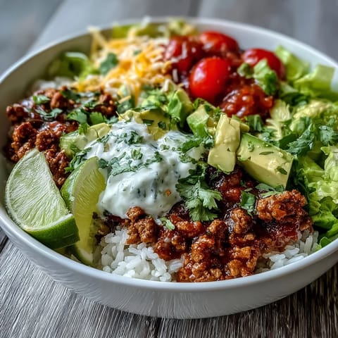 Freshly prepared Turkey Taco Bowl topped with shredded cheddar, sour cream, and cherry tomatoes on a rustic table.