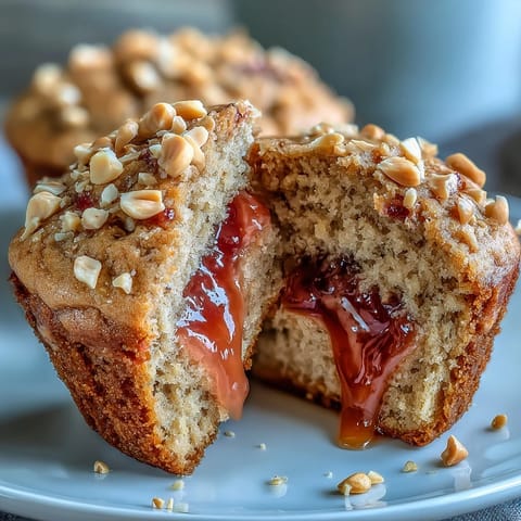 Freshly baked Peanut Butter and Guava Muffins featuring golden tops and a warm, sticky guava center.
